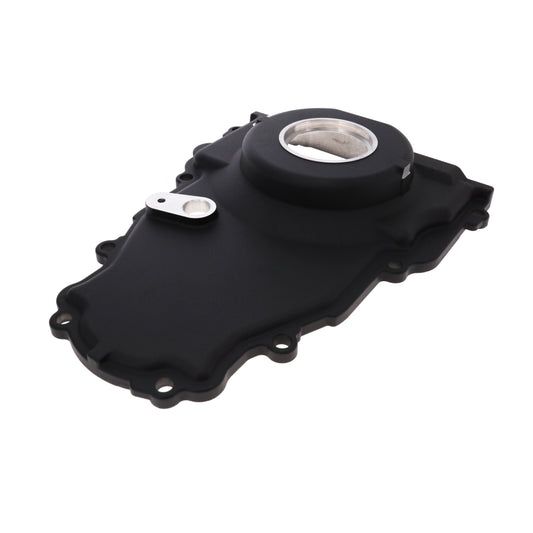GM LS 1-Piece Aluminum Timing Cover with Cam Position Sensor Provision, Harness, Crank Seal, and Gasket - Black