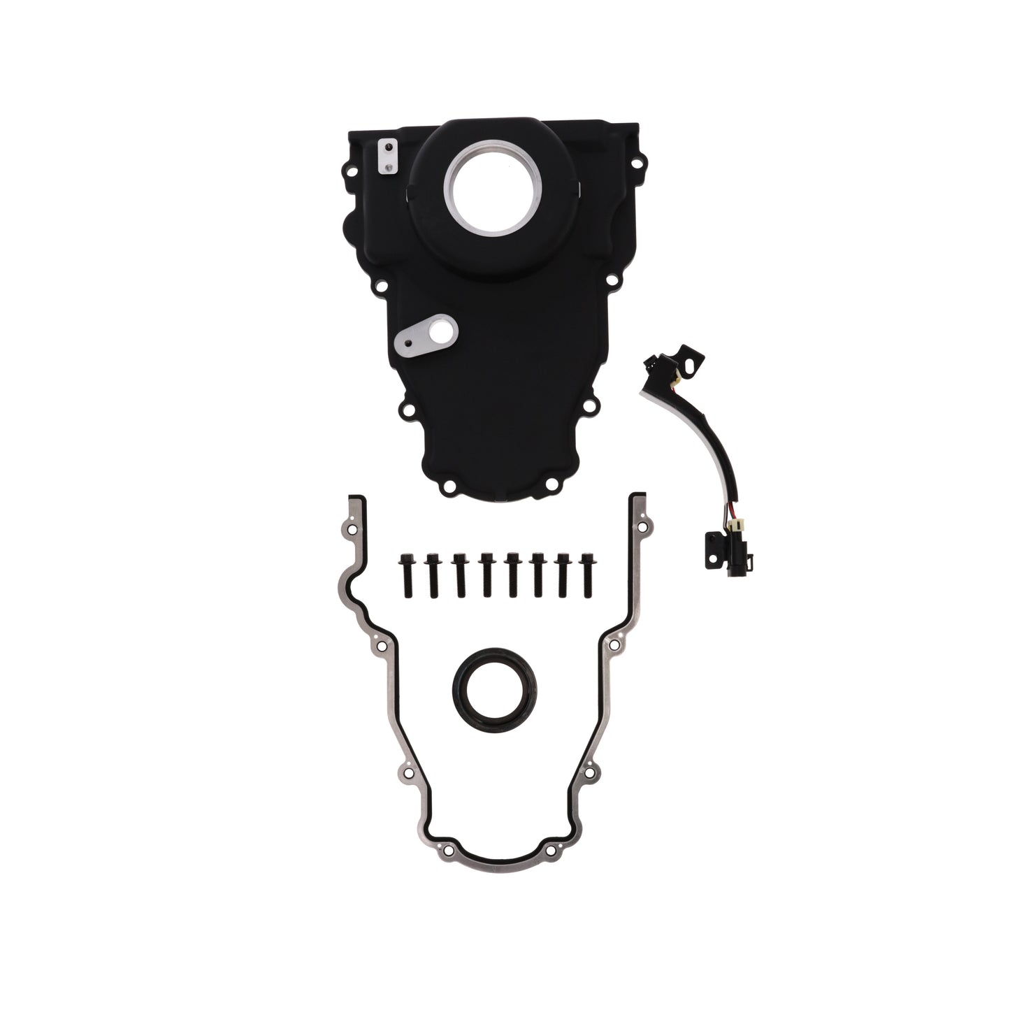 GM LS 1-Piece Aluminum Timing Cover with Cam Position Sensor Provision, Harness, Crank Seal, and Gasket - Black