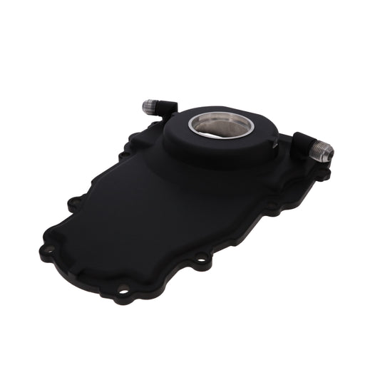GM LS 1-Piece Aluminum Timing Cover with Turbo Oil Drain Return, Crank Seal, and Gasket - Black