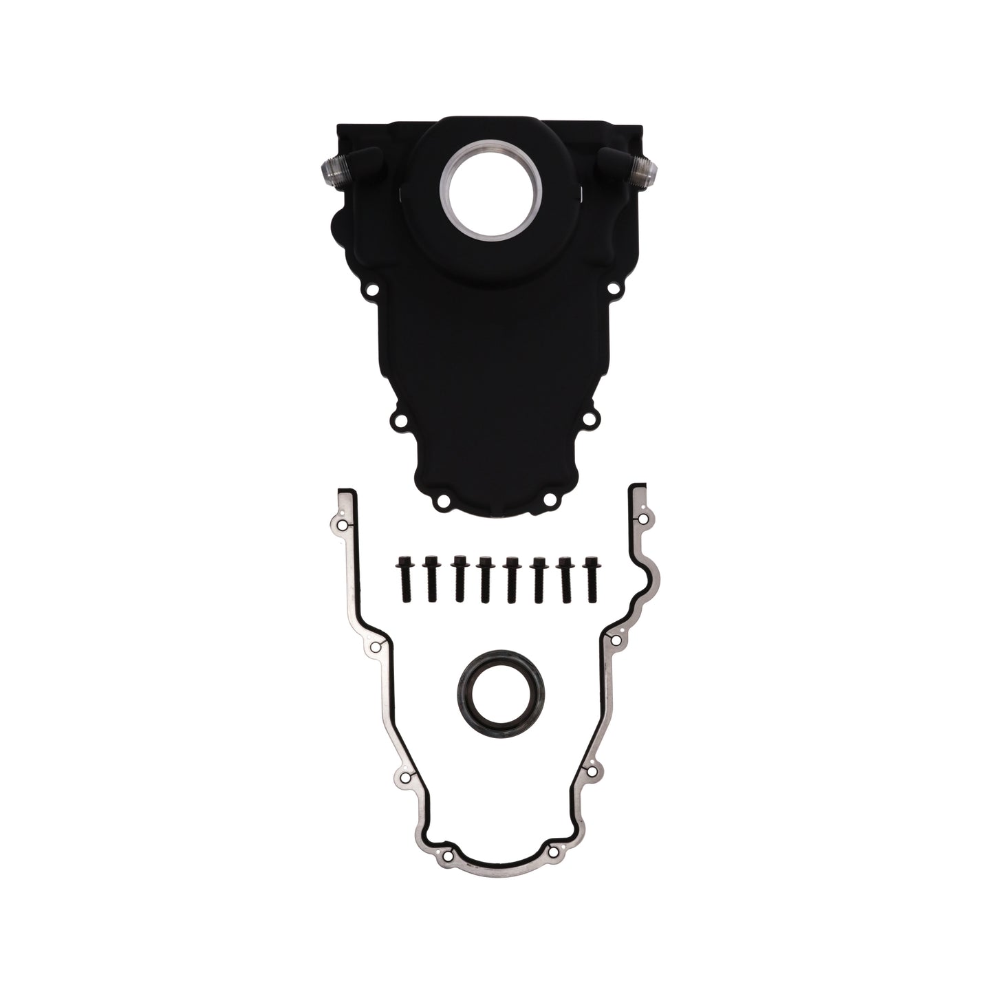 GM LS 1-Piece Aluminum Timing Cover with Turbo Oil Drain Return, Crank Seal, and Gasket - Black