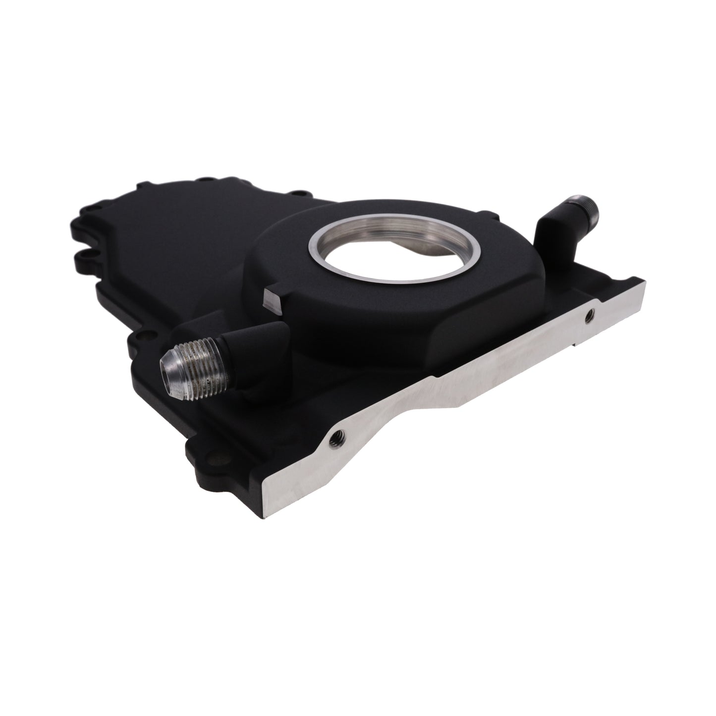 GM LS 1-Piece Aluminum Timing Cover with Turbo Oil Drain Return, Crank Seal, and Gasket - Black
