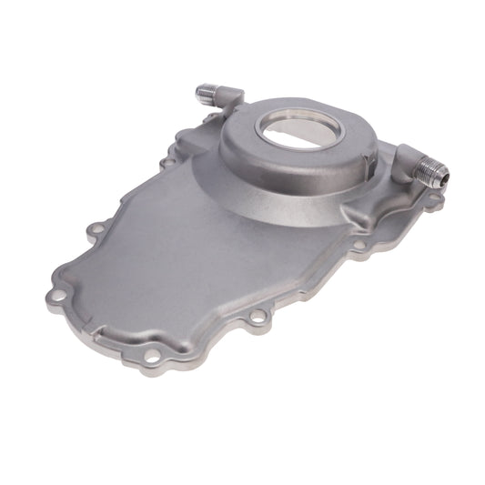 GM LS 1-Piece Aluminum Timing Cover with Turbo Oil Drain Return, Crank Seal, and Gasket - Satin