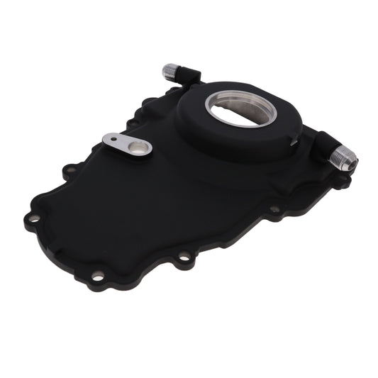GM LS 1-Piece Aluminum Timing Cover with Turbo Oil Drain Return and Cam Position Sensor Provision - Black