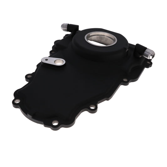 GM LS 1-Piece Aluminum Timing Cover with Turbo Oil Drain Return and Cam Position Sensor Provision, Harness, Crank Seal, and Gasket - Black