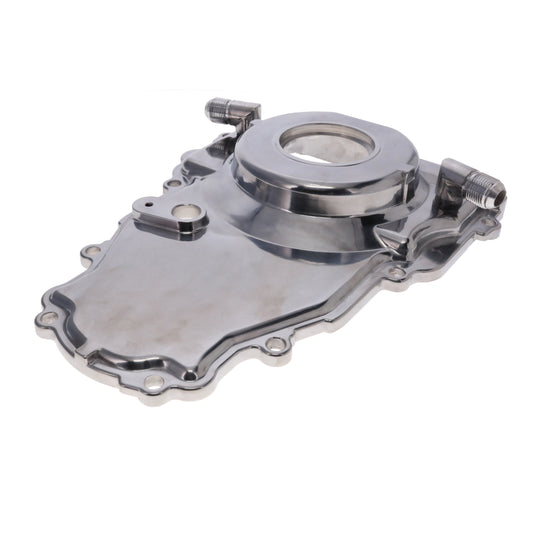 GM LS 1-Piece Aluminum Timing Cover with Turbo Oil Drain Return and Cam Position Sensor Provision, Harness, Crank Seal, and Gasket - Polished