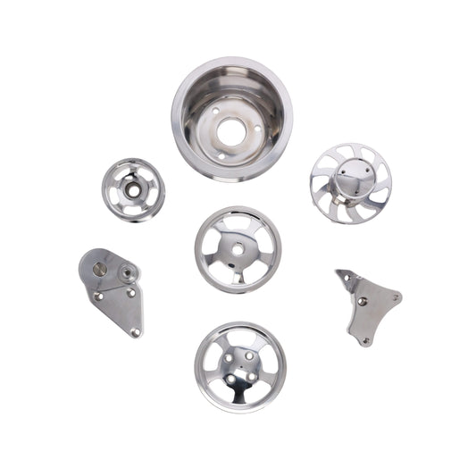 GM LS No A/C Serpentine Front Drive System Brackets, Pulleys, and Belt Tensioner - Polished