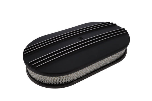 15" X 2" Center Finned Oval Aluminum Air Cleaner Kit, Paper Filter, Flat Base - Black