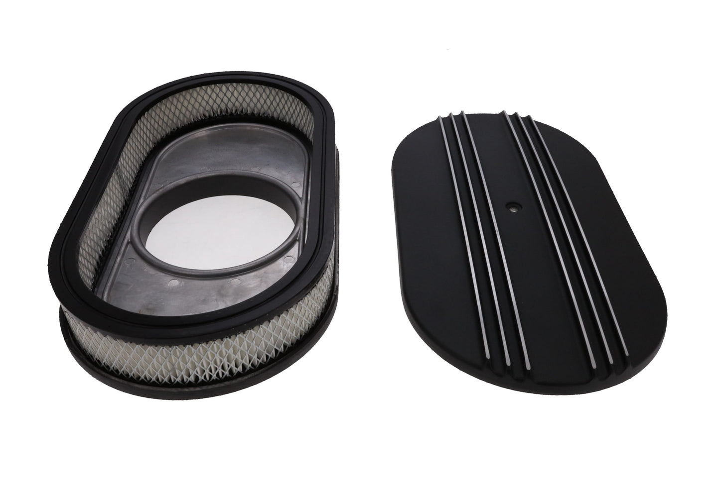 15" X 2" Center Finned Oval Aluminum Air Cleaner Kit, Paper Filter, Flat Base, Black