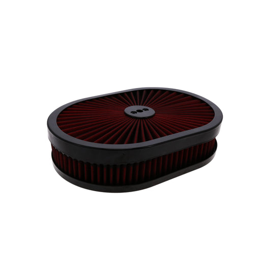 12" X 2" Oval Steel Air Cleaner Kit, Red Washable Filter, Flat Base - Black