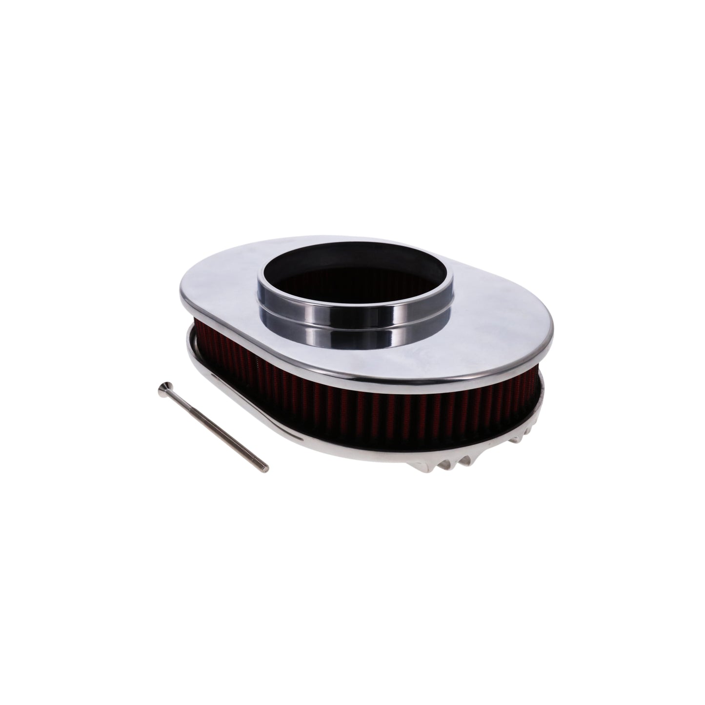12" X 2" Center Finned Oval Aluminum Air Cleaner Kit, Red Washable Filter - Polished