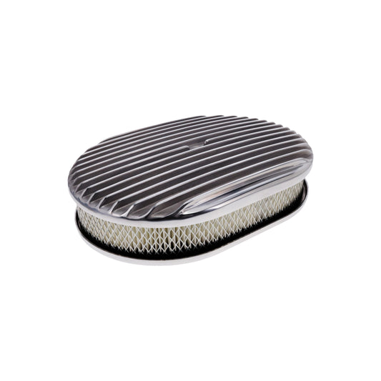 12″ X 2″ Full Finned Oval Aluminum Air Cleaner Kit, Paper Filter, Flat Base, Polished