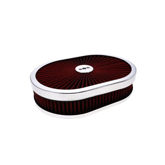 12" X 2" Round Steel Air Cleaner Kit, Red Washable Filter, Flat Base, Chrome
