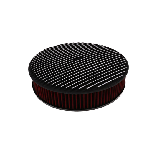 14" X 3" Full Finned Round Aluminum Air Cleaner Kit, Red Washable Filter, Recessed Base, Black