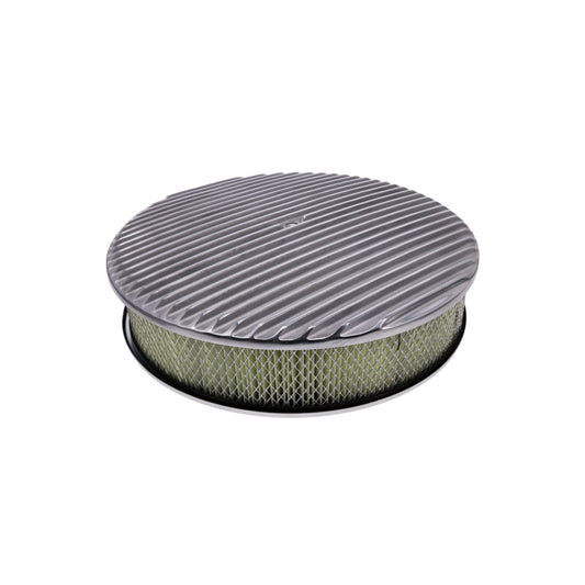 14" X 3" Full Finned Round Aluminum Air Cleaner Kit, Paper Filter, Flat Base - Polished