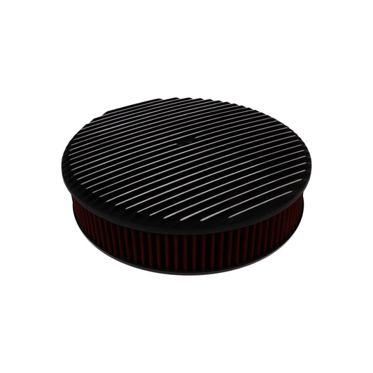 14" X 3" Full Finned Round Aluminum Air Cleaner Kit, Red Washable Filter, Flat Base, Black