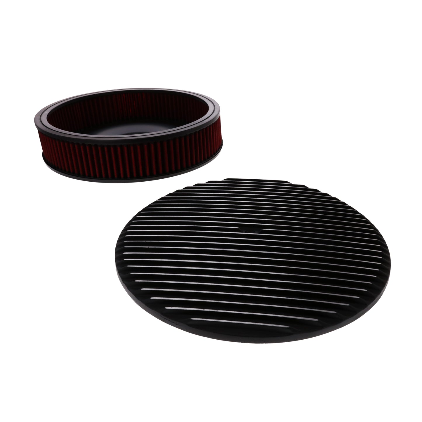 14" X 3" Full Finned Round Aluminum Air Cleaner Kit, Red Washable Filter, Flat Base, Black