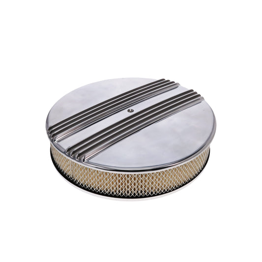 14" X 3" Center Finned Round Aluminum Air Cleaner Kit, Paper Filter, Recessed Base, Polished