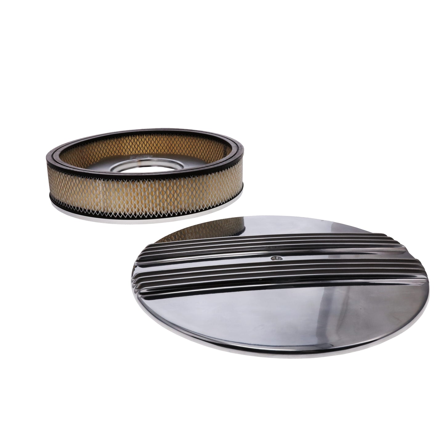 14" X 3" Center Finned Round Aluminum Air Cleaner Kit, Paper Filter, Recessed Base, Polished