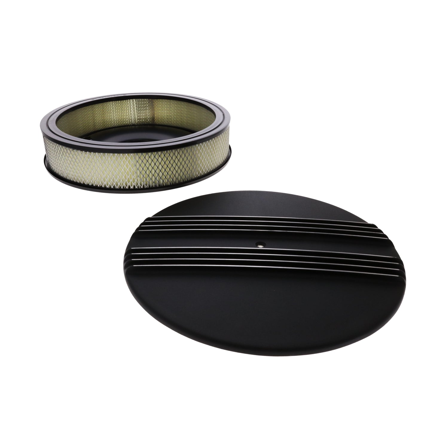 14" X 3" Center Finned Round Aluminum Air Cleaner Kit, Paper Filter, Flat Base, Black