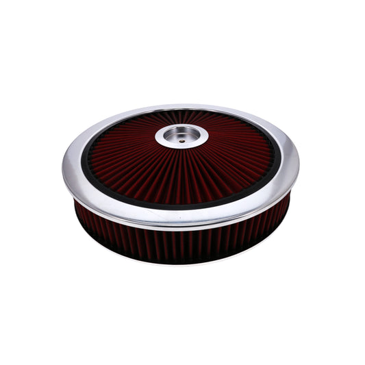 14" X 3" Round Steel Air Cleaner Kit, Red Washable Filter, Flat Base - Chrome