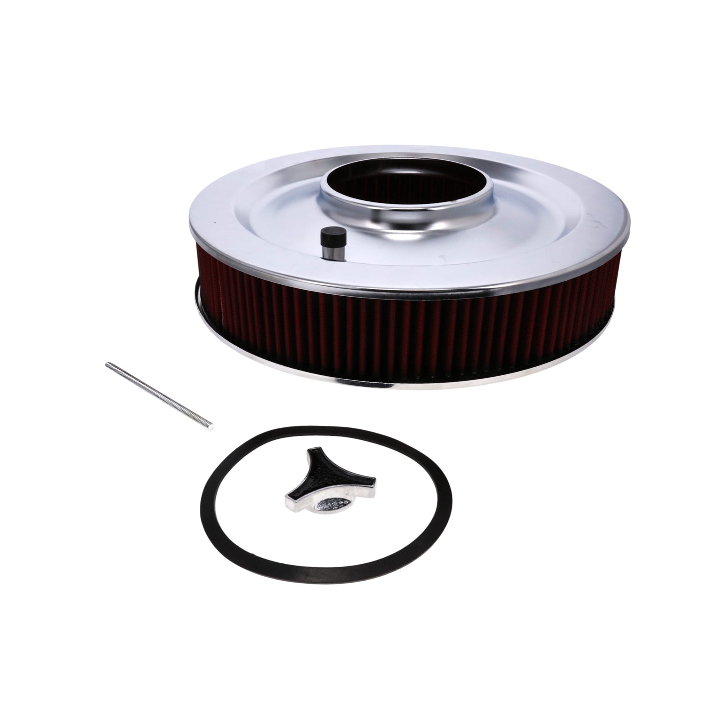 14" X 3" Round Steel Air Cleaner Kit, Red Washable Filter, Flat Base - Chrome