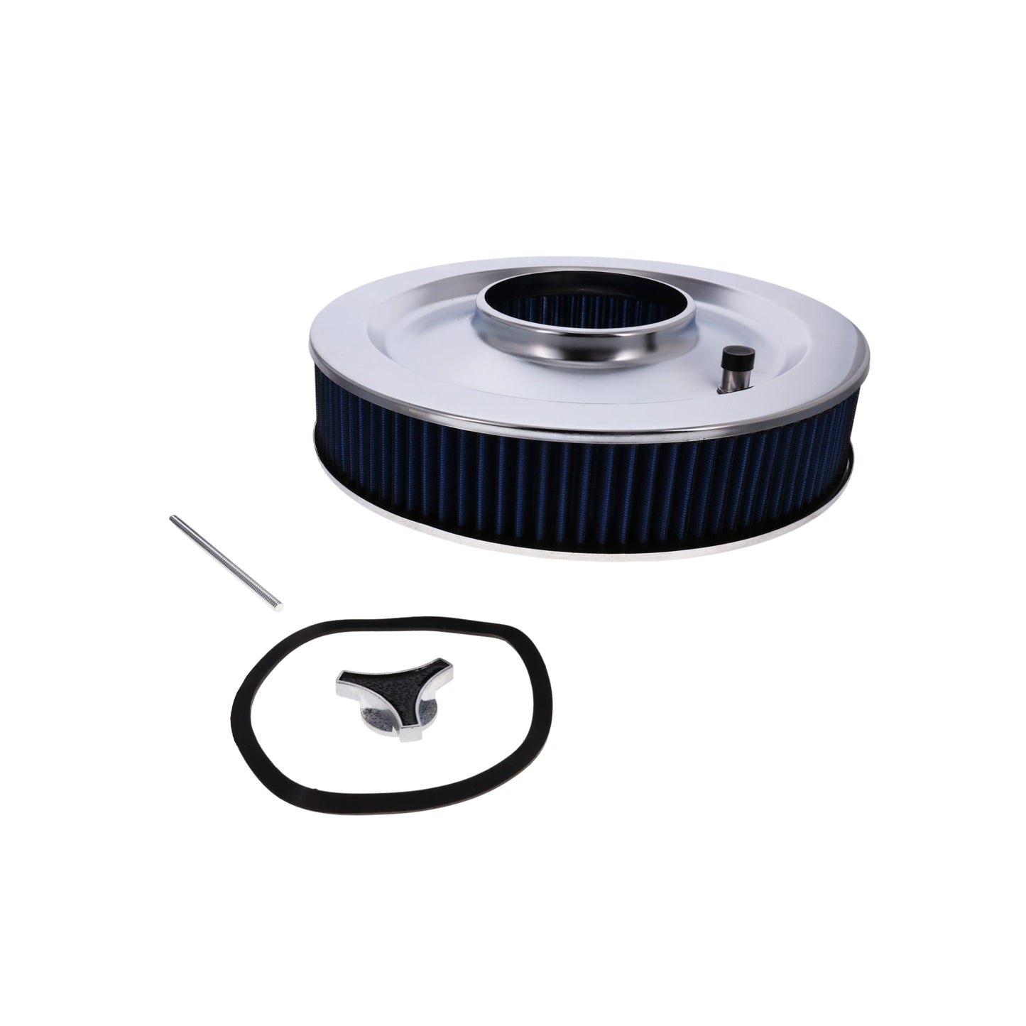 14" X 3" Round Steel Air Cleaner Kit, Blue Washable Filter, Flat Base - Chrome
