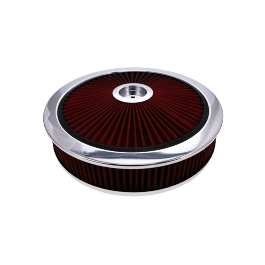 14" X 3" Round Steel Air Cleaner Kit, Red Washable Filter, Recessed Base - Chrome