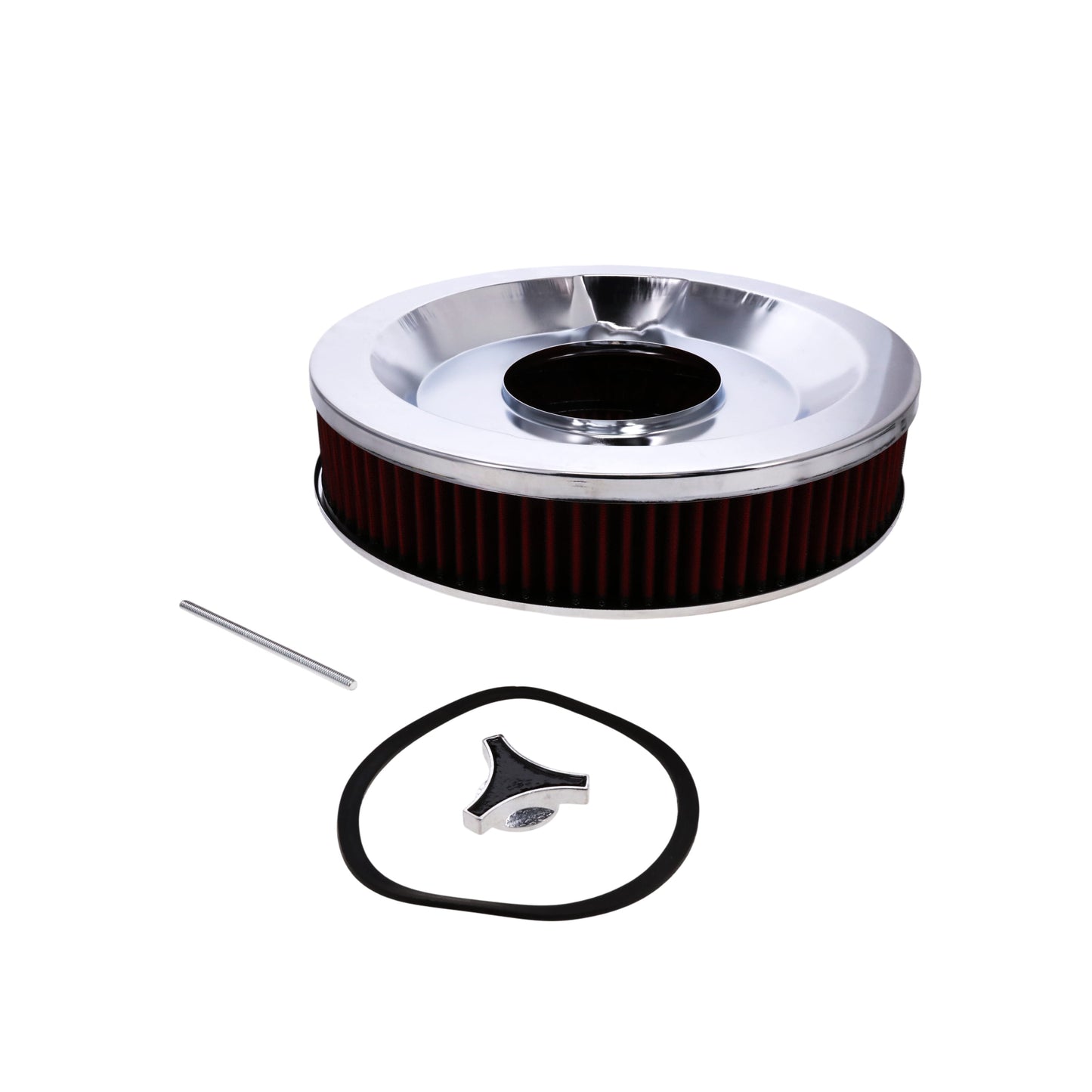 14" X 3" Round Steel Air Cleaner Kit, Red Washable Filter, Recessed Base - Chrome
