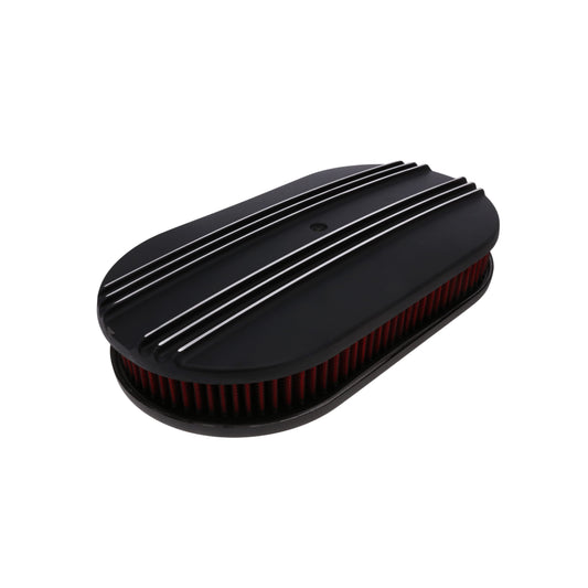 15" X 2" Center Finned Oval Aluminum Air Cleaner Kit, Red Washable Filter, Flat Base - Black