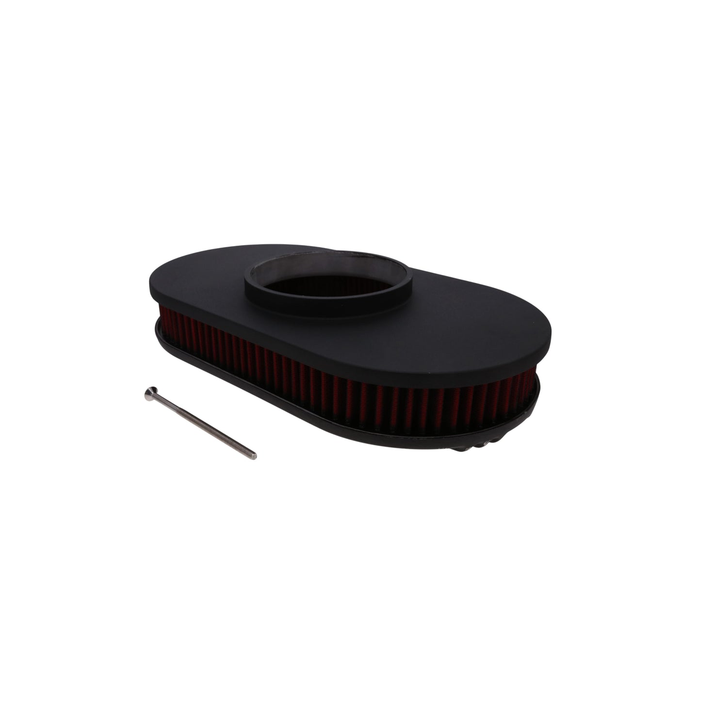 15" X 2" Center Finned Oval Aluminum Air Cleaner Kit, Red Washable Filter, Flat Base - Black