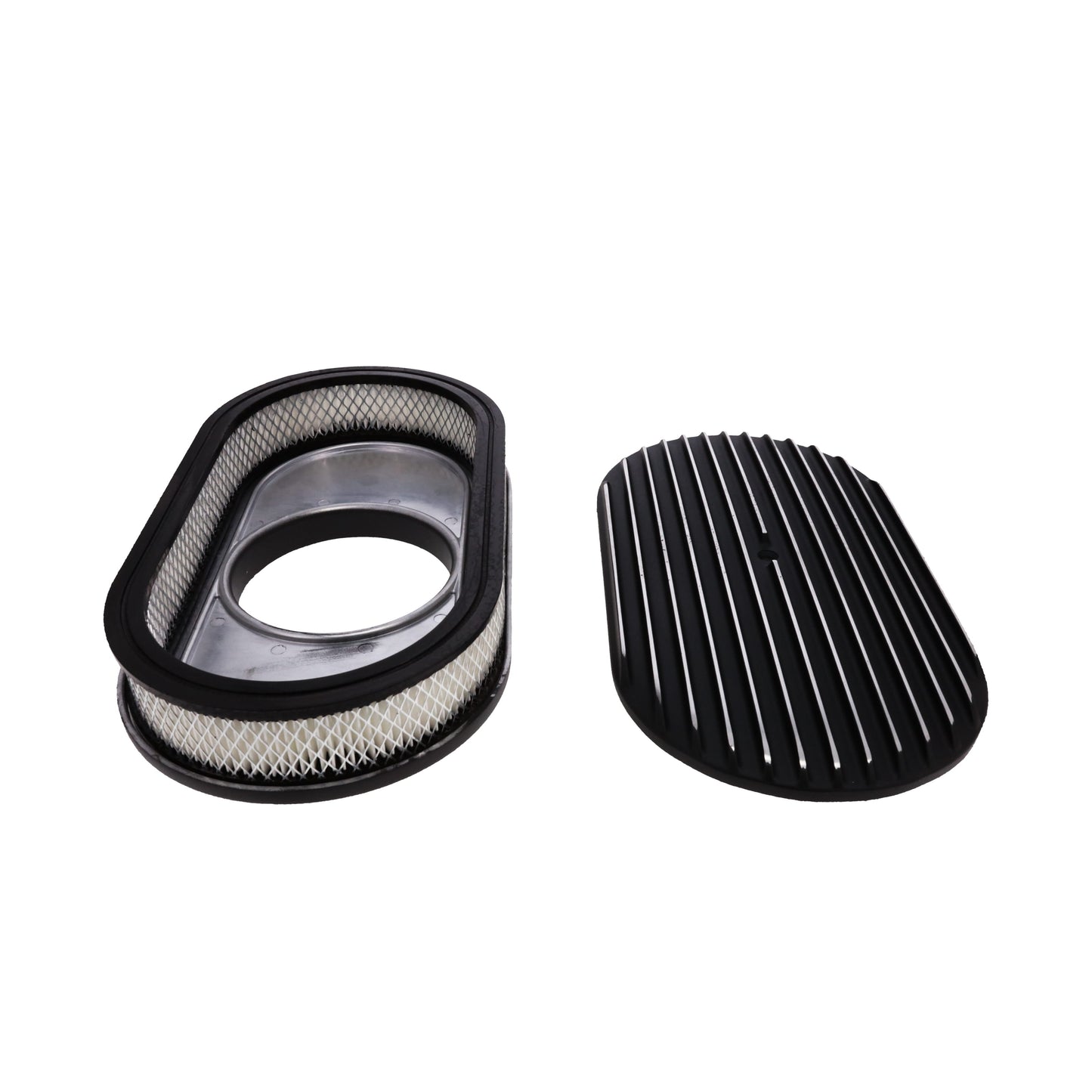 15" X 2" Full Finned Oval Aluminum Air Cleaner Kit, Paper Filter, Flat Base, Black