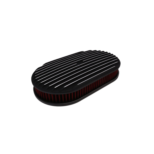 15" X 2" Full Finned Oval Aluminum Air Cleaner Kit, Red Washable Filter, Flat Base - Black
