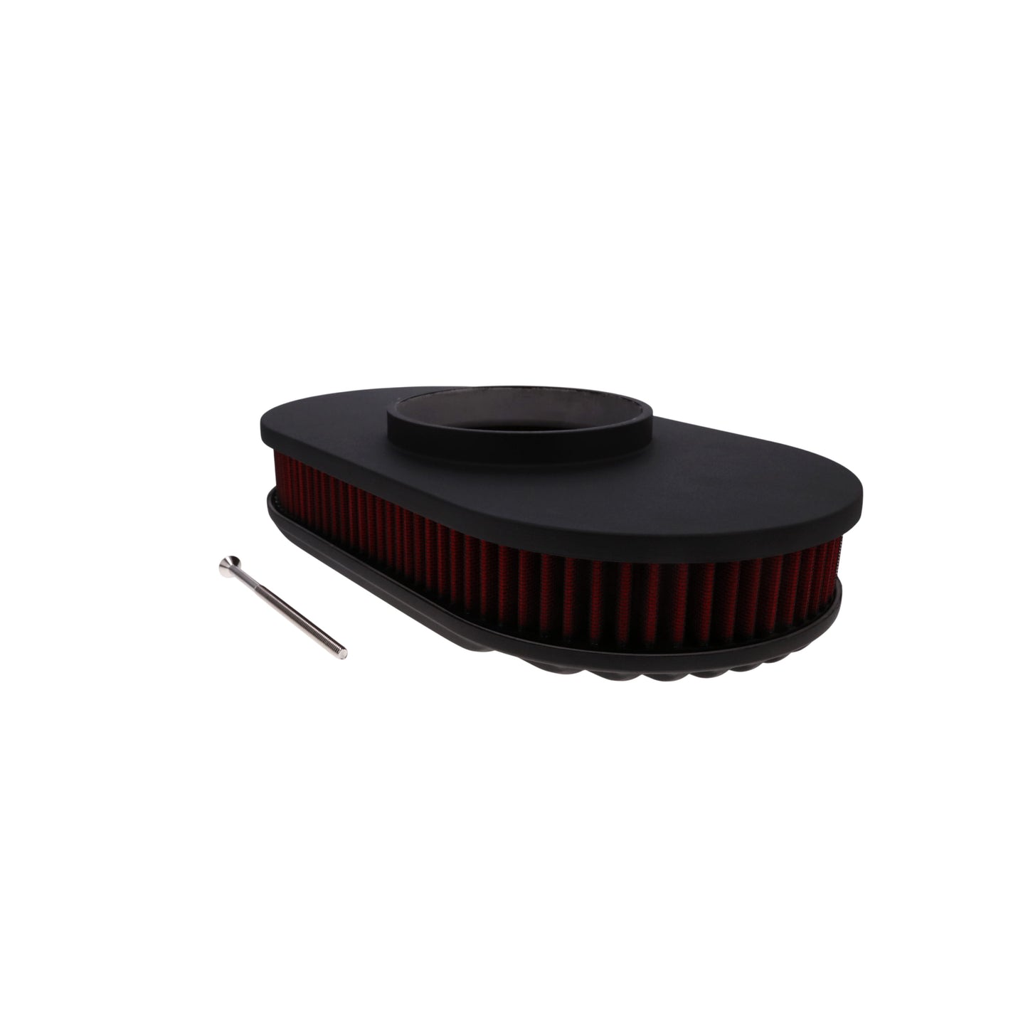 15" X 2" Full Finned Oval Aluminum Air Cleaner Kit, Red Washable Filter, Flat Base - Black