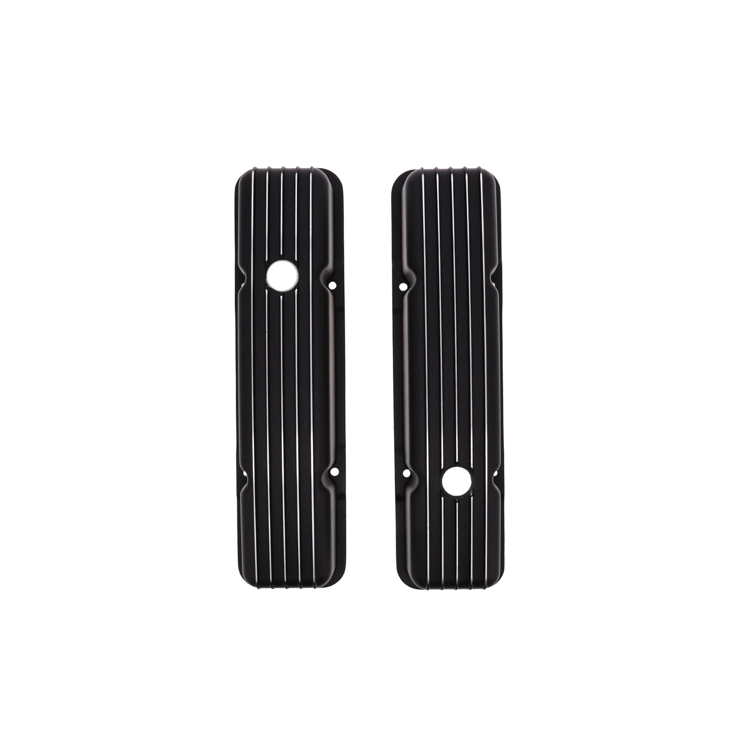 1958-1986 Chevy SB Finned Aluminum Valve Covers, 2 9/16" Ht., 1.25" Hole, Black