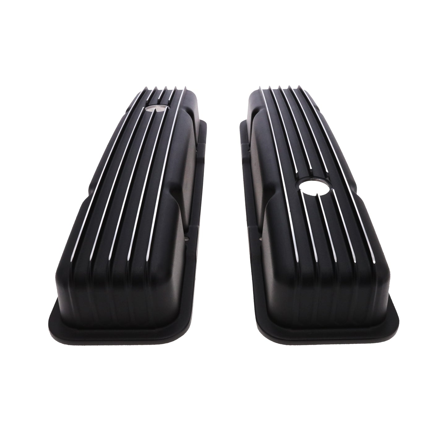 1958-1986 Chevy SB Finned Aluminum Valve Covers, 2 9/16" Ht., 1.25" Hole, Black