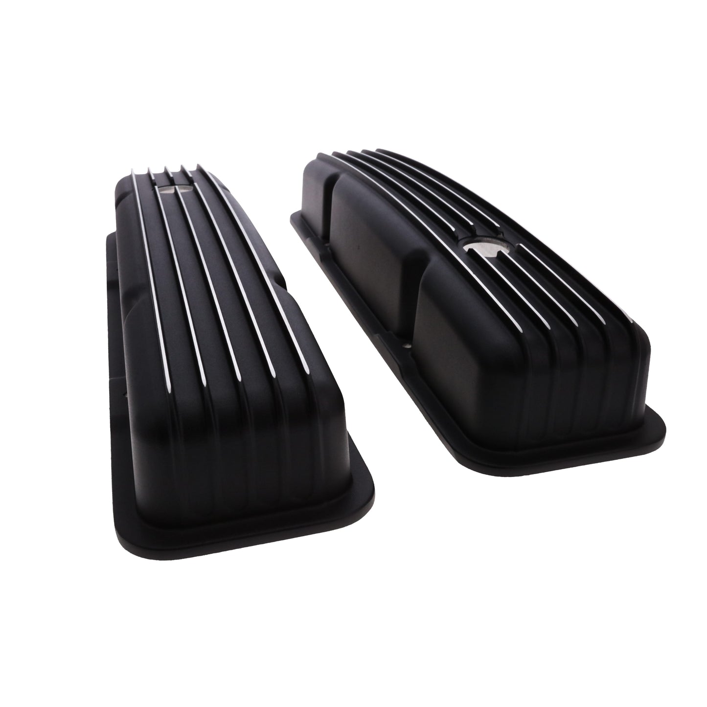 1958-1986 Chevy SB Finned Aluminum Valve Covers, 2 9/16" Ht., 1.25" Hole, Black