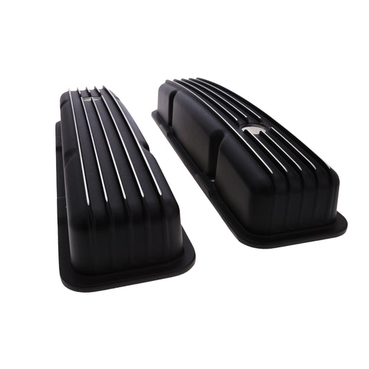 1958-1986 Chevy SB Finned Aluminum Valve Covers, 2 9/16" Ht., 1.25" Hole, Black