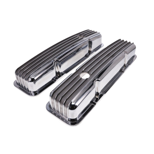1958-1986 Chevy SB Finned Aluminum Valve Covers, 2 9/16" Ht., 1.25" Hole, Polished