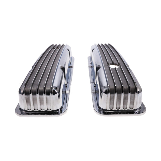 1958-1986 Chevy SB Finned Aluminum Valve Covers, 2 9/16" Ht., 1.25" Hole, Polished