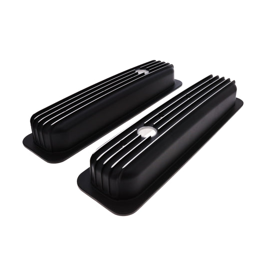 1987-2000 Chevy SB Finned Aluminum Center Bolt Valve Cover, 2 9/16" Ht., 1.25" Hole, Black