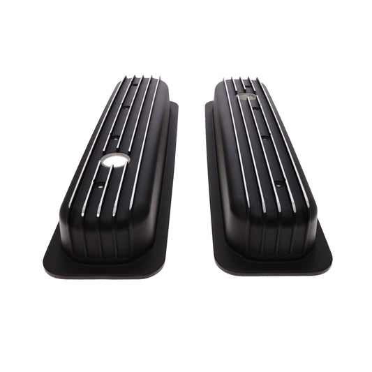 1987-2000 Chevy SB Finned Aluminum Center Bolt Valve Cover, 2 9/16" Ht., 1.25" Hole, Black