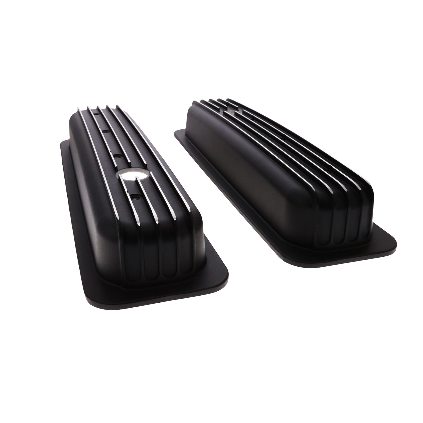 1987-2000 Chevy SB Finned Aluminum Center Bolt Valve Cover, 2 9/16" Ht., 1.25" Hole, Black