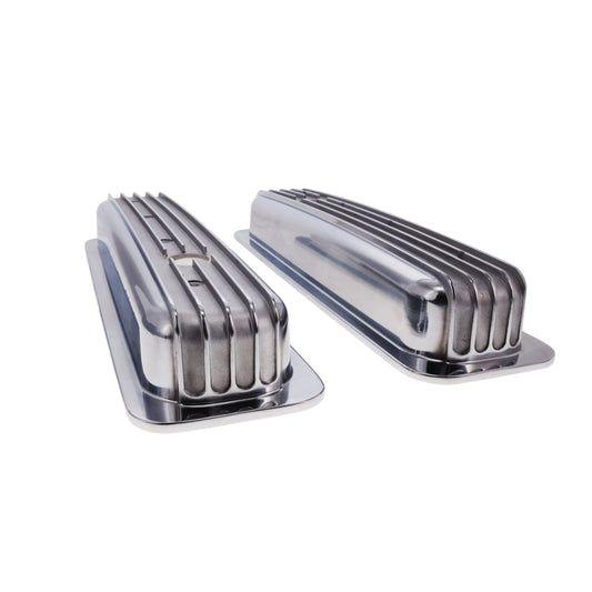 1987-2000 Chevy SB Finned Aluminum Center Bolt Valve Cover, 2 9/16" Ht., 1.25" Hole, Polished