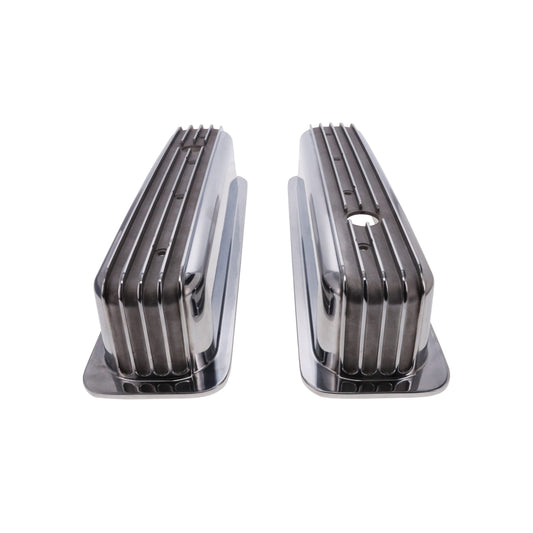 1987-2000 Chevy SB Finned Aluminum Center Bolt Valve Cover, 3 11/16" Ht., 1.25" Hole, Polished