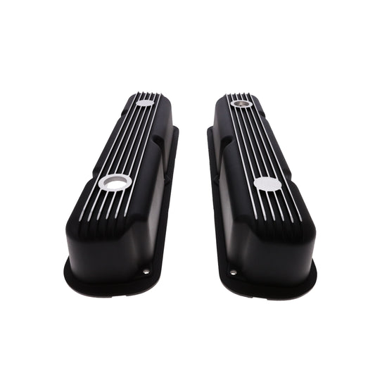 1964-1991 Mopar SB V8 Finned Aluminum Valve Covers, 3 3/4" Ex. 3 3/8" In. Ht., 1.25" Hole, Black