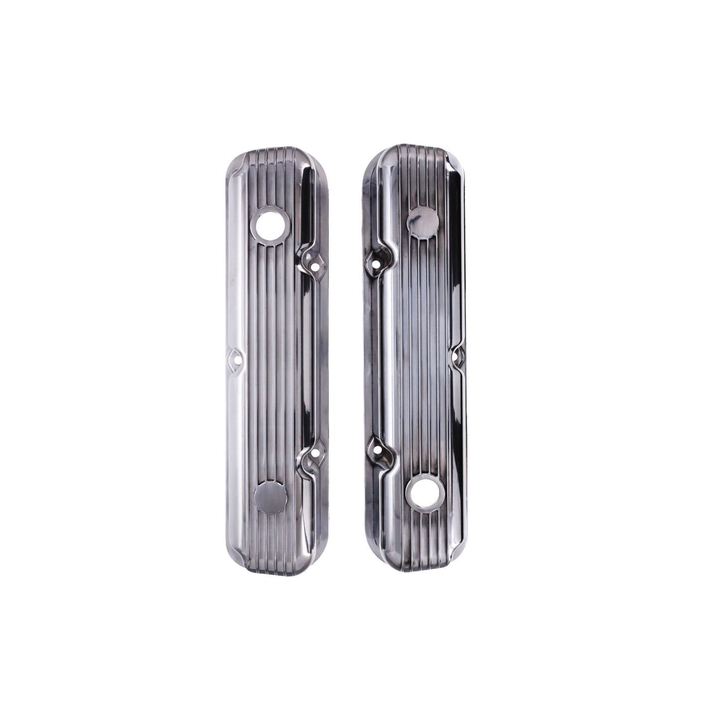 1964-1991 Mopar SB V8 Finned Aluminum Valve Covers, 3 3/4" Ex. 3 3/8" In. Ht., 1.25" Hole, Polished