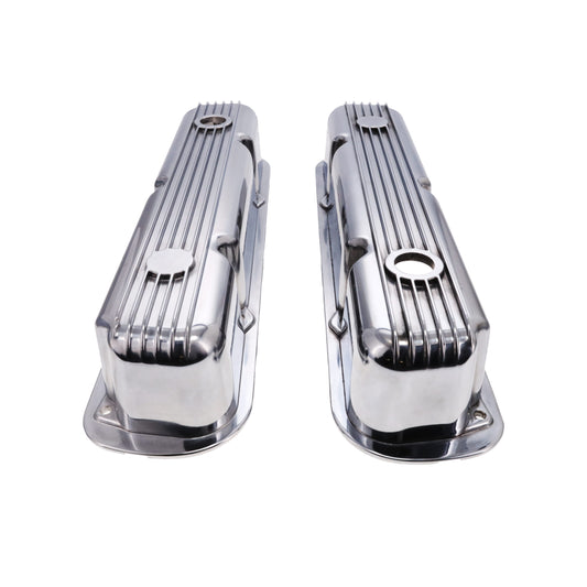 1964-1991 Mopar SB V8 Finned Aluminum Valve Covers, 3 3/4" Ex. 3 3/8" In. Ht., 1.25" Hole, Polished