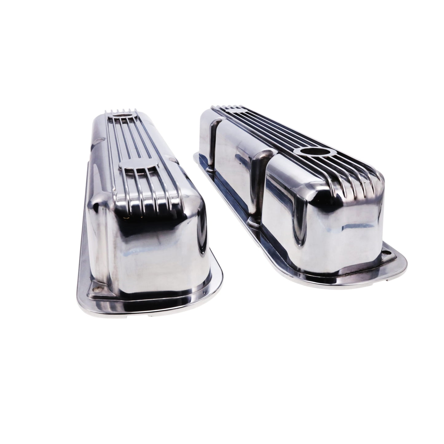 1964-1991 Mopar SB V8 Finned Aluminum Valve Covers, 3 3/4" Ex. 3 3/8" In. Ht., 1.25" Hole, Polished