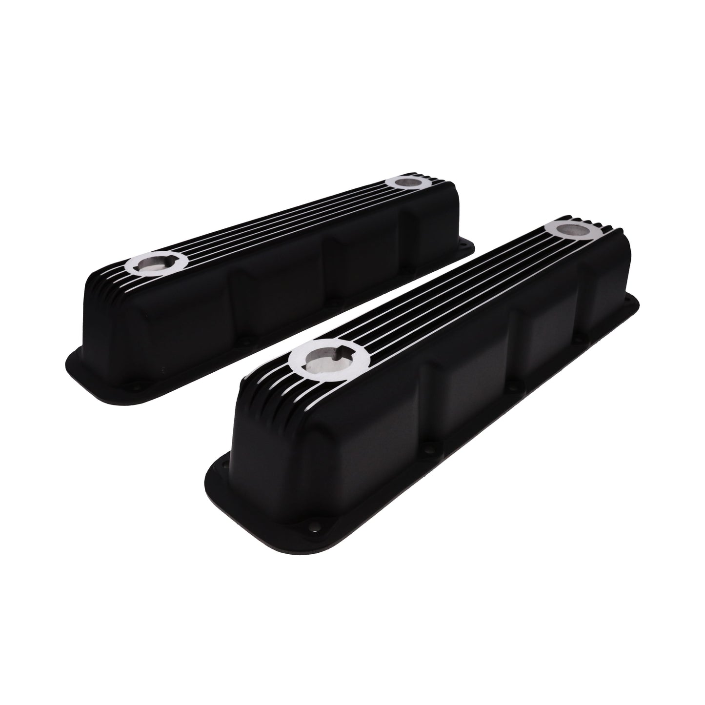 1992-2003 Mopar SB V8 Finned Aluminum Valve Covers, 3 1/2" Ex. 3 1/8" In. Ht., 1.25" Hole, Black
