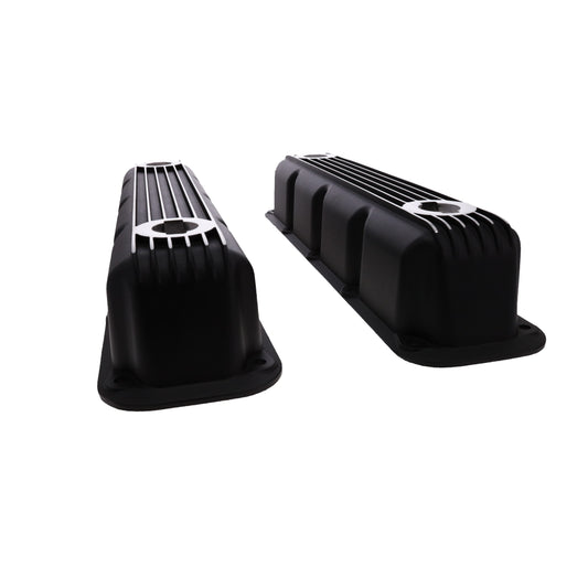 1992-2003 Mopar SB V8 Finned Aluminum Valve Covers, 3 1/2" Ex. 3 1/8" In. Ht., 1.25" Hole, Black